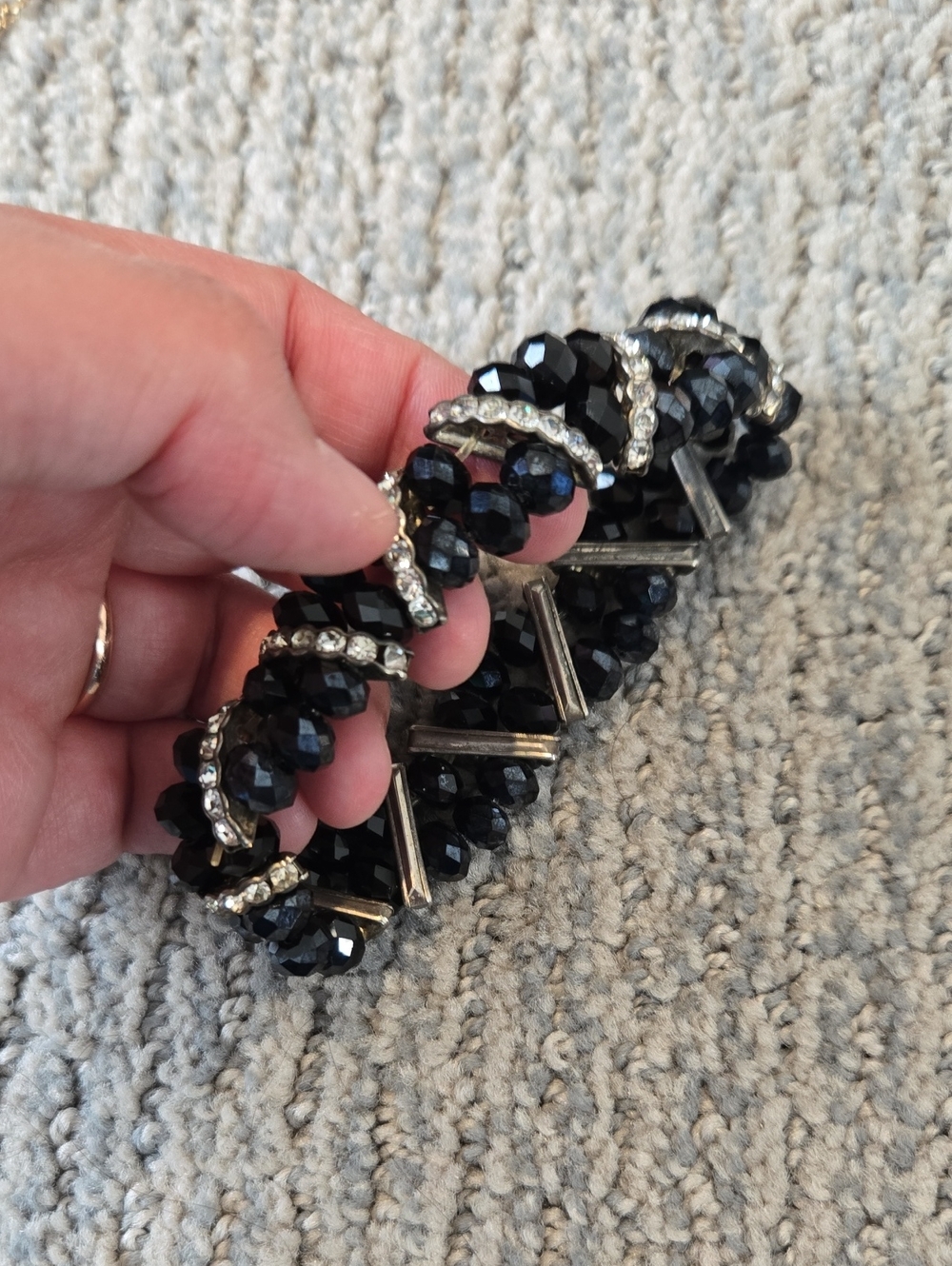 Vintage Black Faceted Bead Stretch Bracelet with Rhinestone Accents